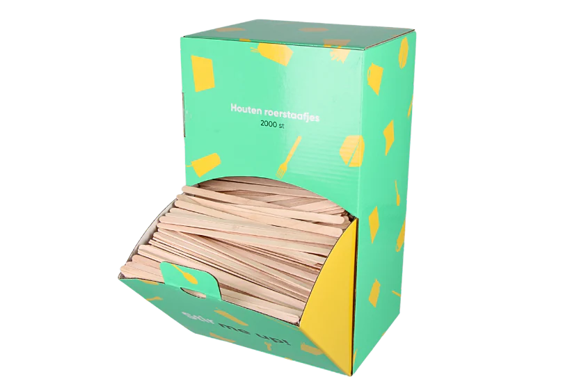 Roerstaafjes in dispenser box 14cm FSC 100% Hout