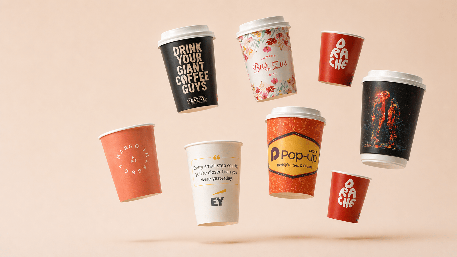 Assortiment bedrukte kartonnen bekers voor resellers en wederverkopers
